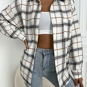 NWOT SHEIN Plaid Drop Shoulder Button Up Pocket Front Shirt